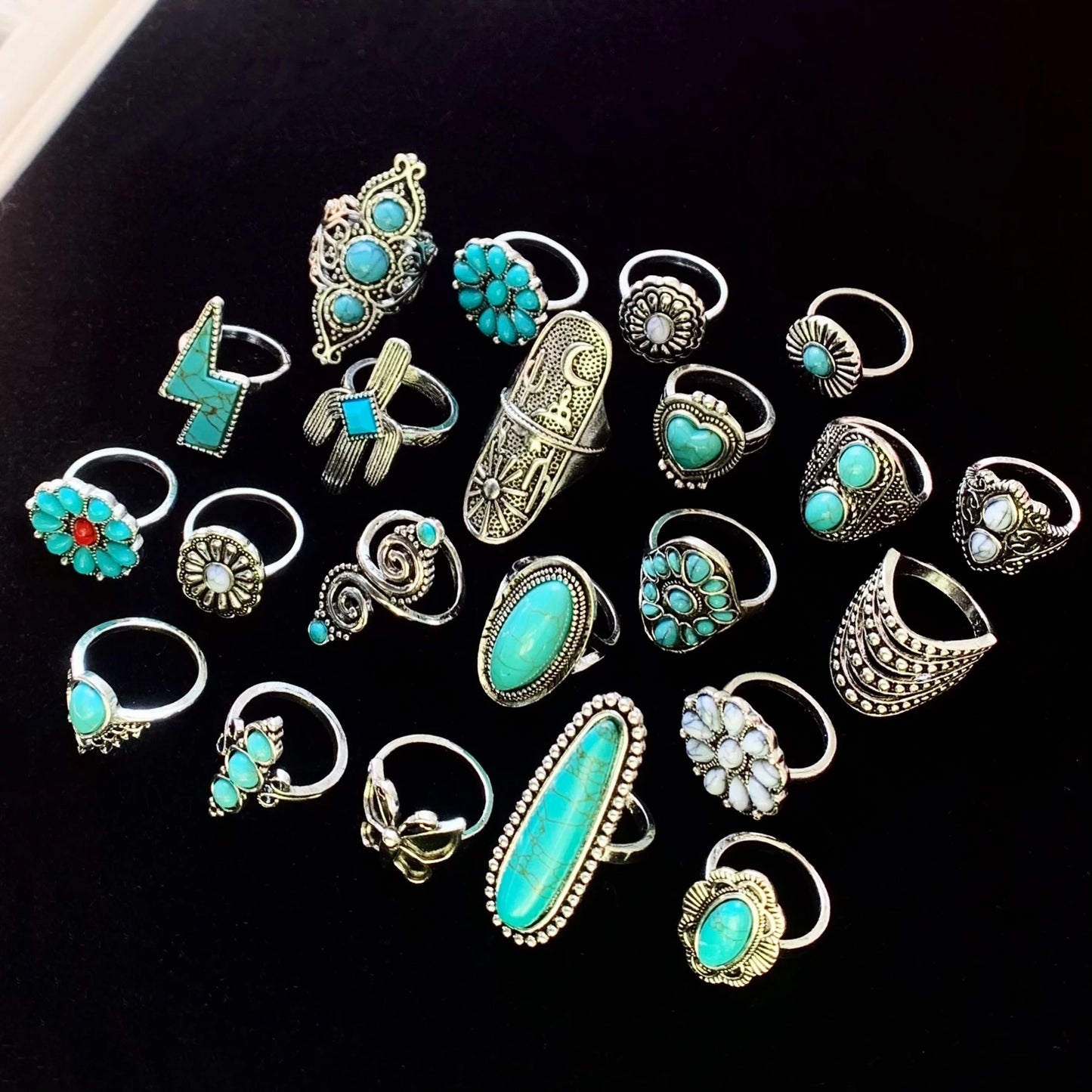 12pcs Antique Silver Plated Turquoise Bohemia Vintage Rings