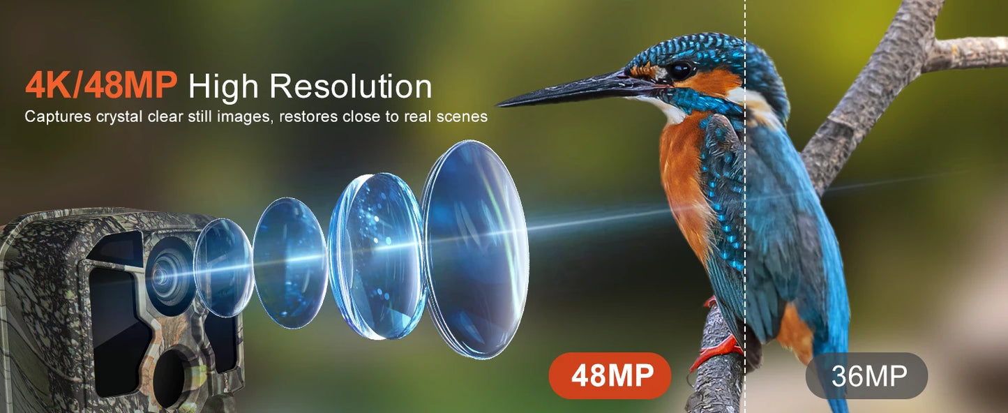 Trail Camera WiFi 4K 48MP Infrared Night Vision 0.05s Motion Activated Trigger Wildlife Photo Traps IP67 Waterproof Wild Camera