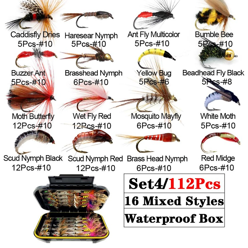 Trout Fly Fishing Flies Collection 32-112Pcs Flies Dry Wet Nymph Streamers Fly Assortment with Fly Box lure kits