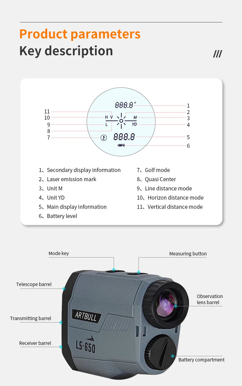 ARTBULL  Laser Rangefinder 1000M 650M Telescope with Flag-Lock Slope Pin Distance Meter for Hunting Monocular