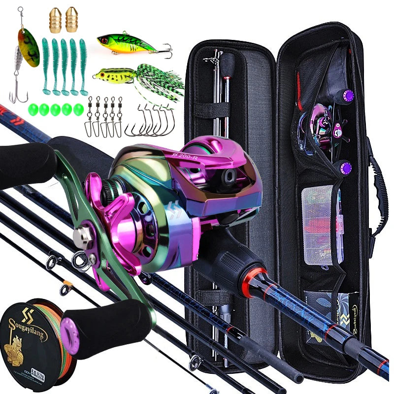 Sougayilang Fishing Rod and Reel Set 5 Section Carbon Rod Baitcasting Reel Travel Fishing Rod Set with Carrier Bag Full Kits