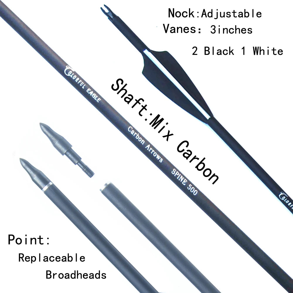 Carbon Arrow 28 Inch 30 Inch 31 Inch Spine 500 with Replaceable Arrowhead for Compound/Recurve Bow Archery Hunting