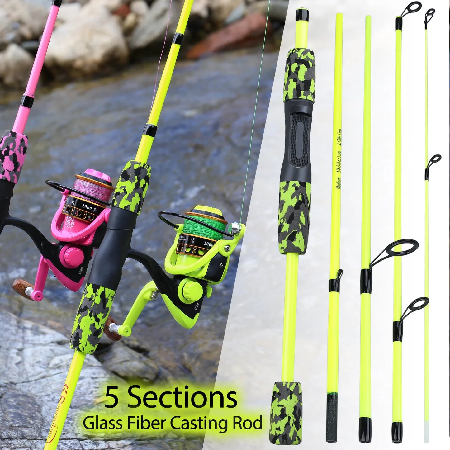 Sougayilang Portable 5 Sections Fishing Rod Combo Fishing Rod and 1000 -3000 Series Spinning Reel Set