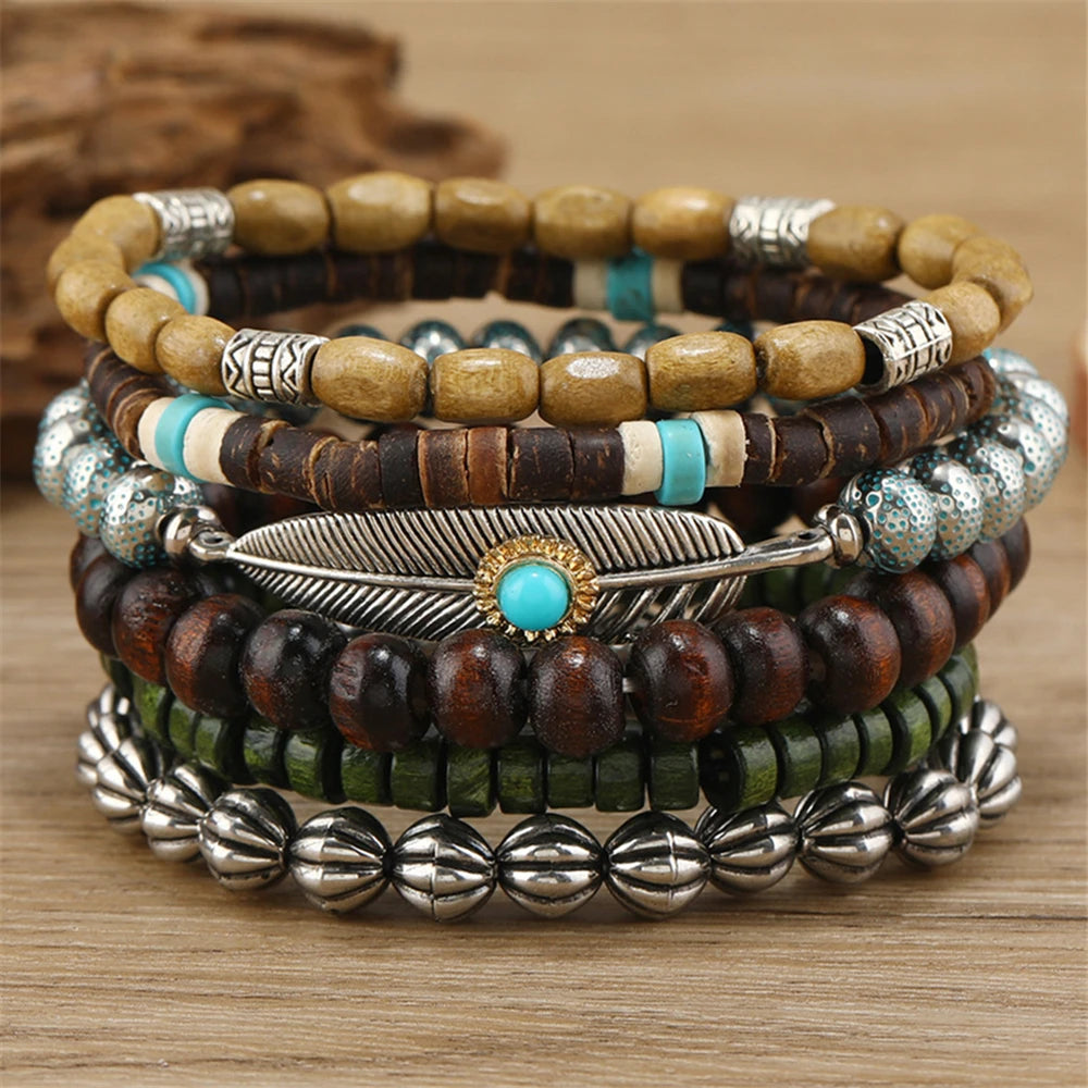 Feather Boho 5-6pc/set wood bead tree Charms bracelets