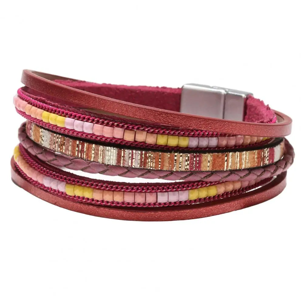Women Bracelet Boho Style Multi-layer Women's Faux Leather Bracelet Handmade