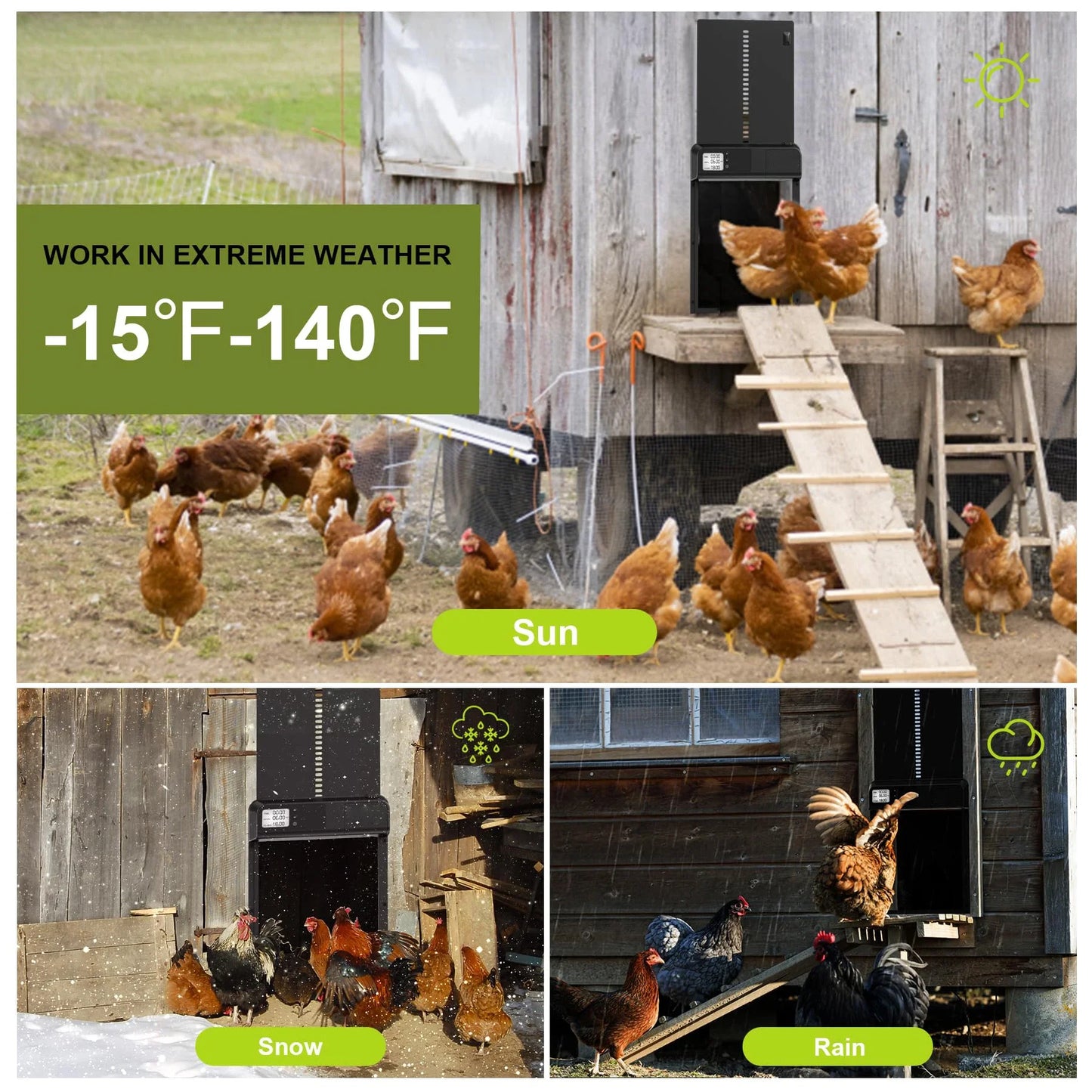 Automatic Chicken Coop Door Aluminum Chicken Door Opener Timer Controlled Open/Close Coop Door Anti-Pinch Function Chicken Coop