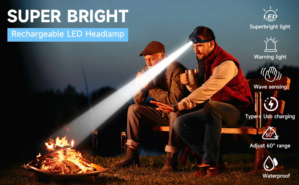 LED Rechargeable Headlamp, Headlight 90000 Lumens Super Bright with 6 Modes IPX5 Warning Light, Motion Sensor Headband HeadLamp