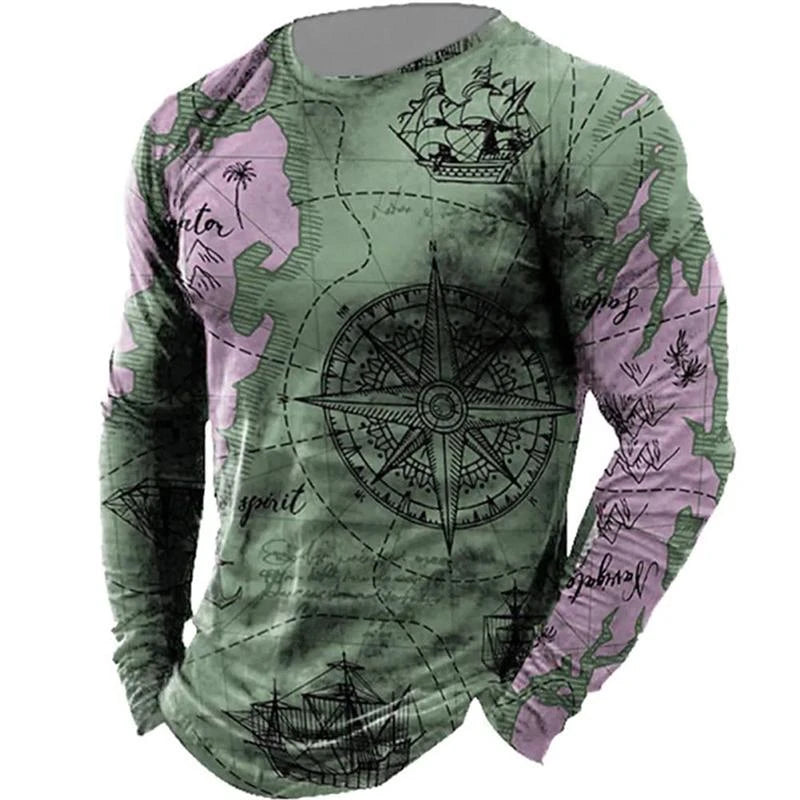 Vintage Compass Sailboat Pattern Long Sleeve T Shirt Casual O Neck