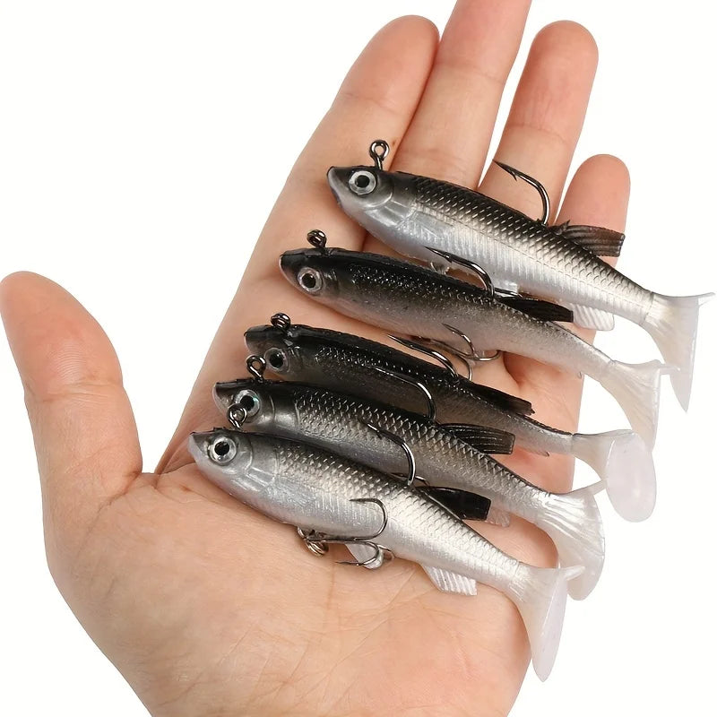 5Pcs Pre-Rigged Jig Head Paddle Tail Soft Plastics