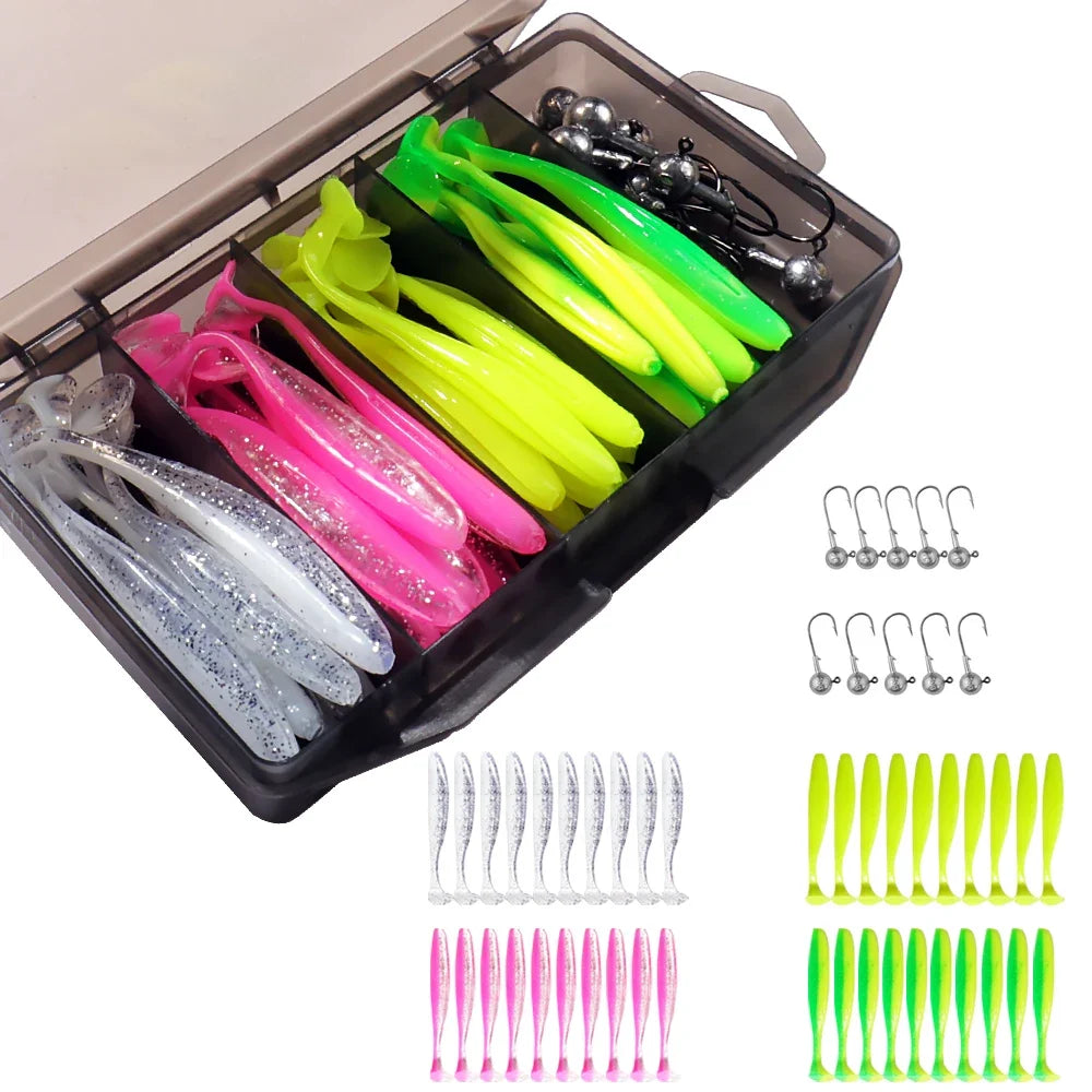 50PCS/Box Metal Jig Bait 5.5cm 7cm 10cm Soft Lure 3g 5g 7g 10g 14g Jigging Head Hook Fishing Box