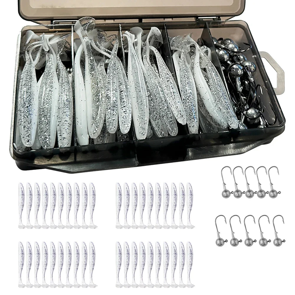 50PCS/Box Metal Jig Bait 5.5cm 7cm 10cm Soft Lure 3g 5g 7g 10g 14g Jigging Head Hook Fishing Box