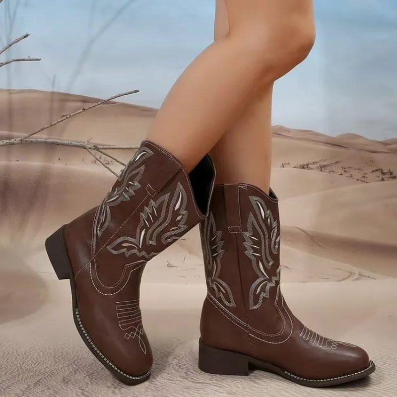 Ladies Pull On Mid Calf Cowgirl Boots