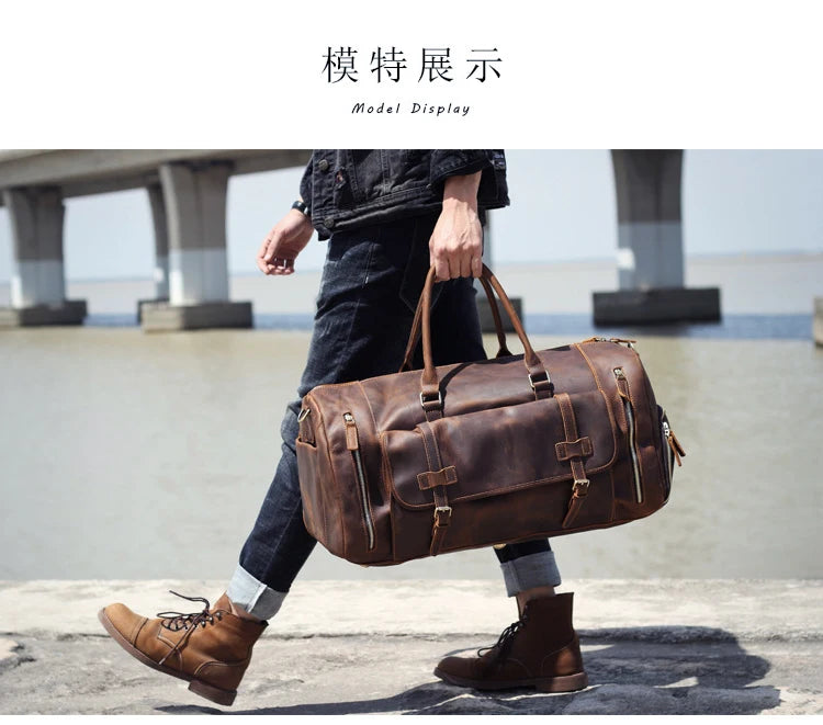 MUNUKI Vintage Crazy Horse Genuine Leather Travel bag