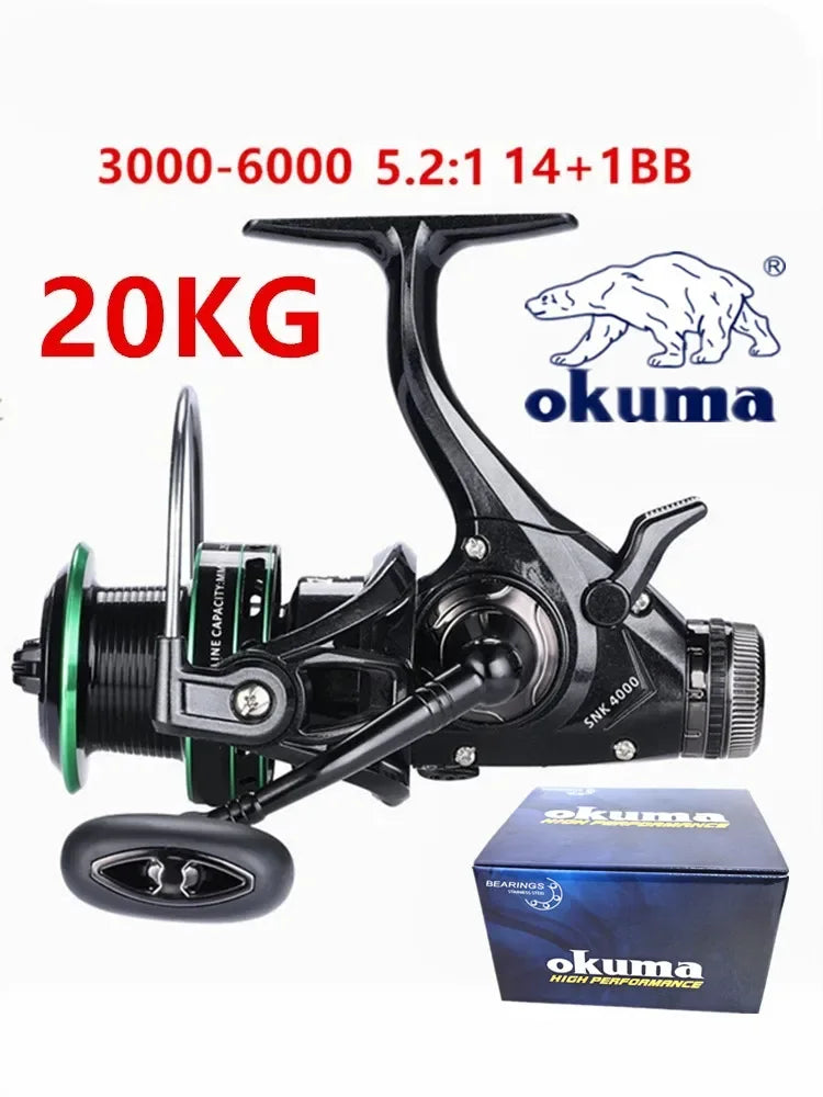 OKUMA Dual Brake Fishing Reel 20Max Drag Speed Ratio 5.2:1/14+1BB All Metal Wire Cup Spinning Wheel 3000-6000