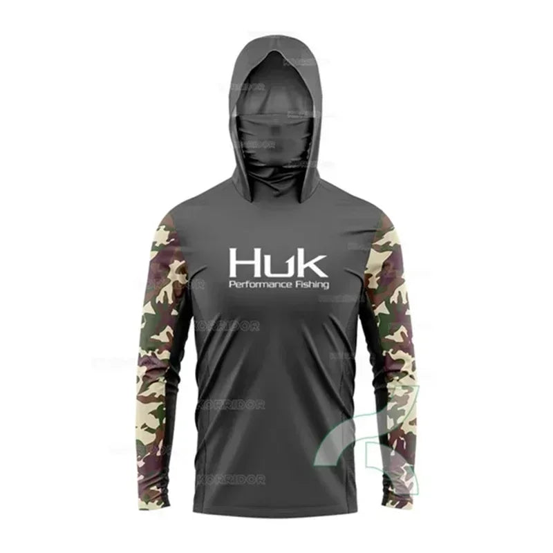 HUK Long Sleeve Anti-UV Fishing Hooded Shirts With Face Mask UPF 50+