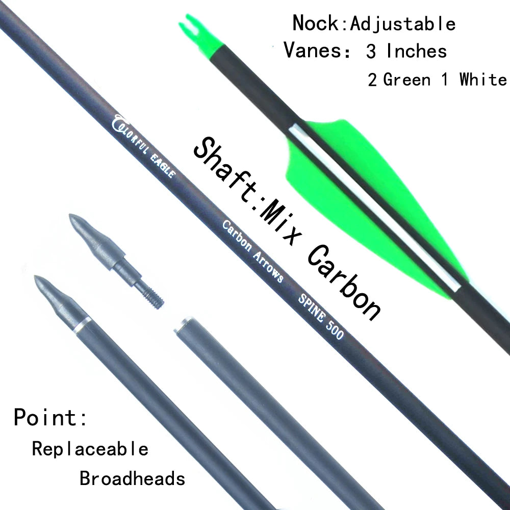 Archery Hunting Mixed Carbon Arrows 28/30/31inch Spine 500 Replaceable ArrowHead Bolts for Compound/Recurve Bow Hunting