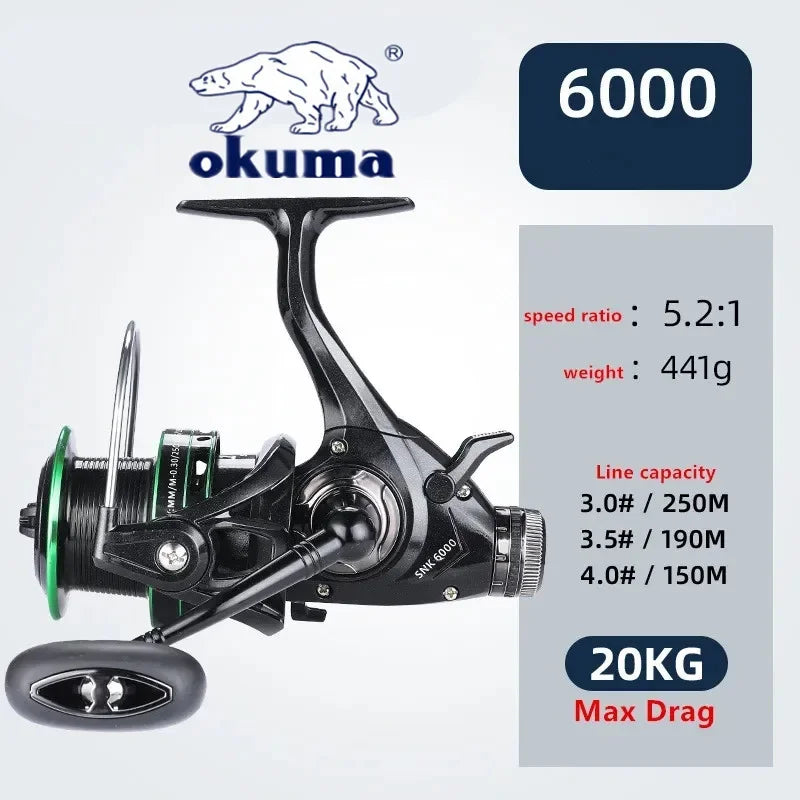 OKUMA Dual Brake Fishing Reel 20Max Drag Speed Ratio 5.2:1/14+1BB All Metal Wire Cup Spinning Wheel 3000-6000