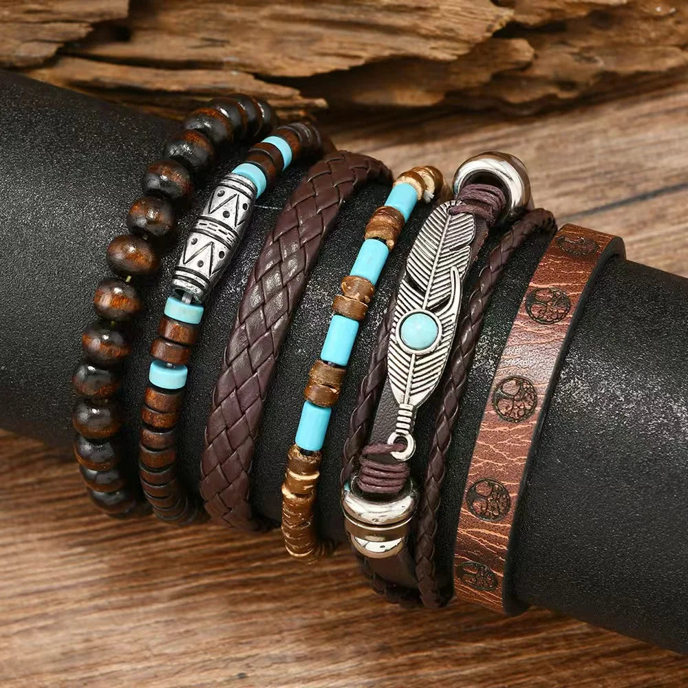 Feather Boho 5-6pc/set wood bead tree Charms bracelets