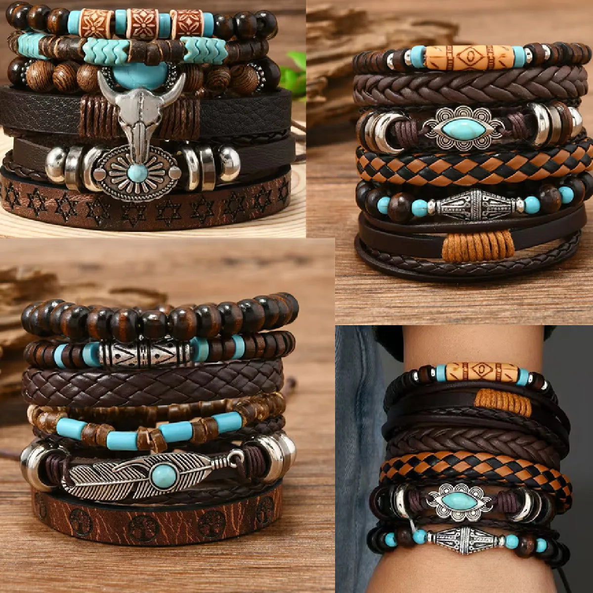 Feather Boho 5-6pc/set wood bead tree Charms bracelets