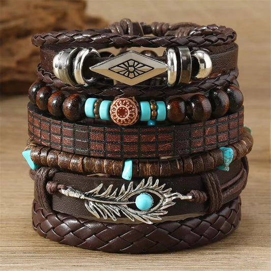 Feather Boho 5-6pc/set wood bead tree Charms bracelets