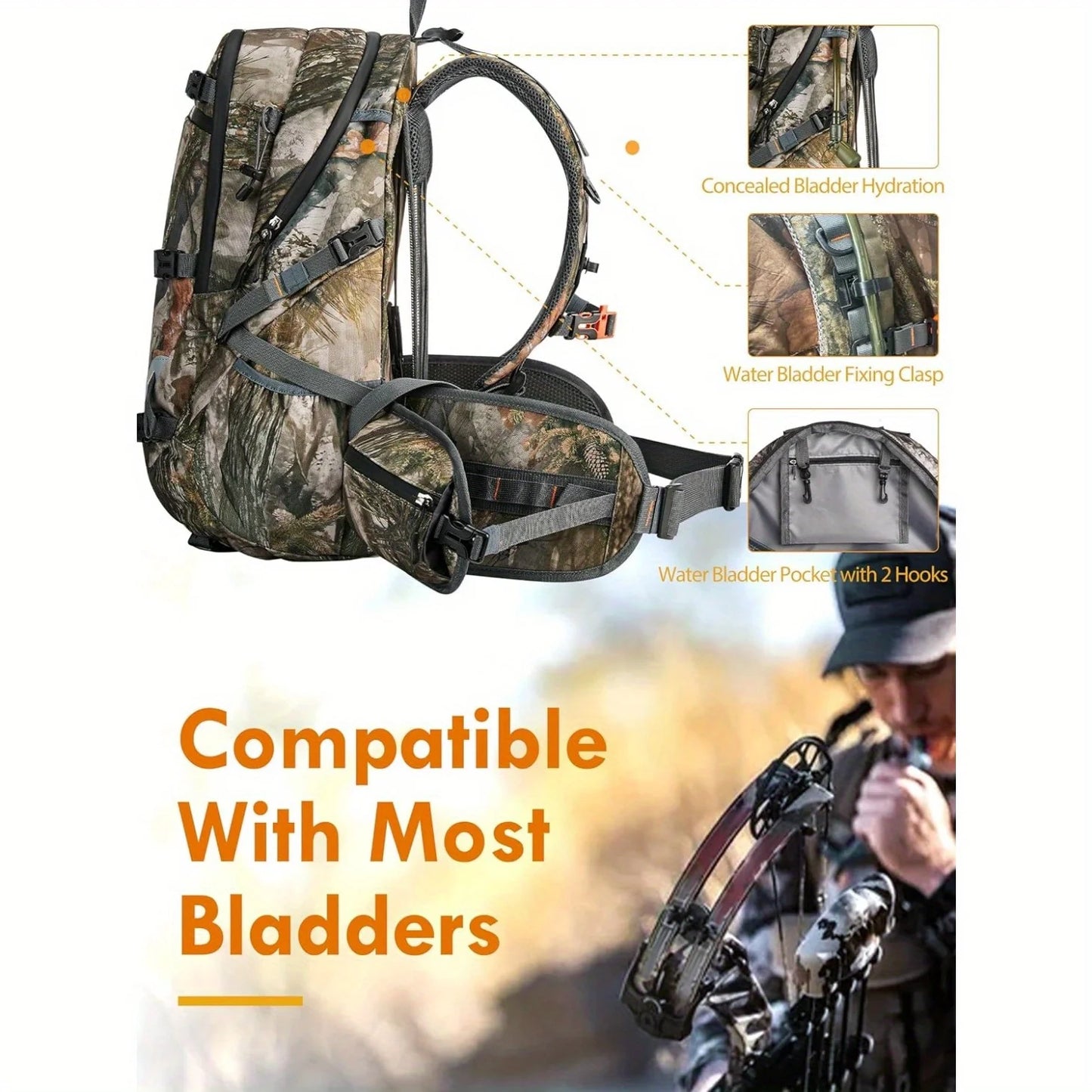 NEW VIEW 35L Hunting Backpacks for Men, Camo Hunting Backpack with Bow & Rifle Holder, Saddle Hunting Backpack for Deer, Elk