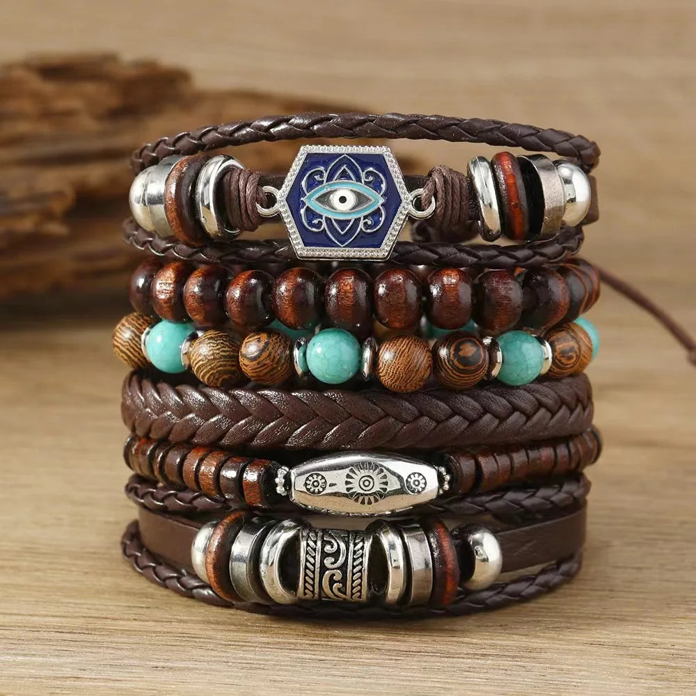 Feather Boho 5-6pc/set wood bead tree Charms bracelets