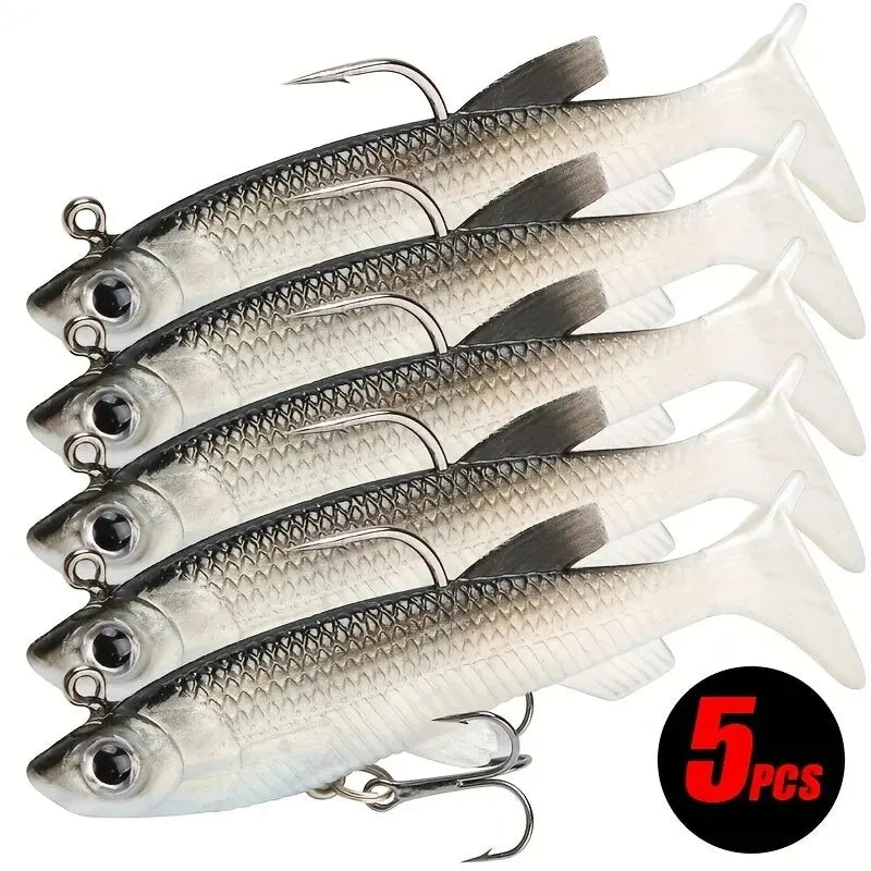 5Pcs Pre-Rigged Jig Head Paddle Tail Soft Plastics