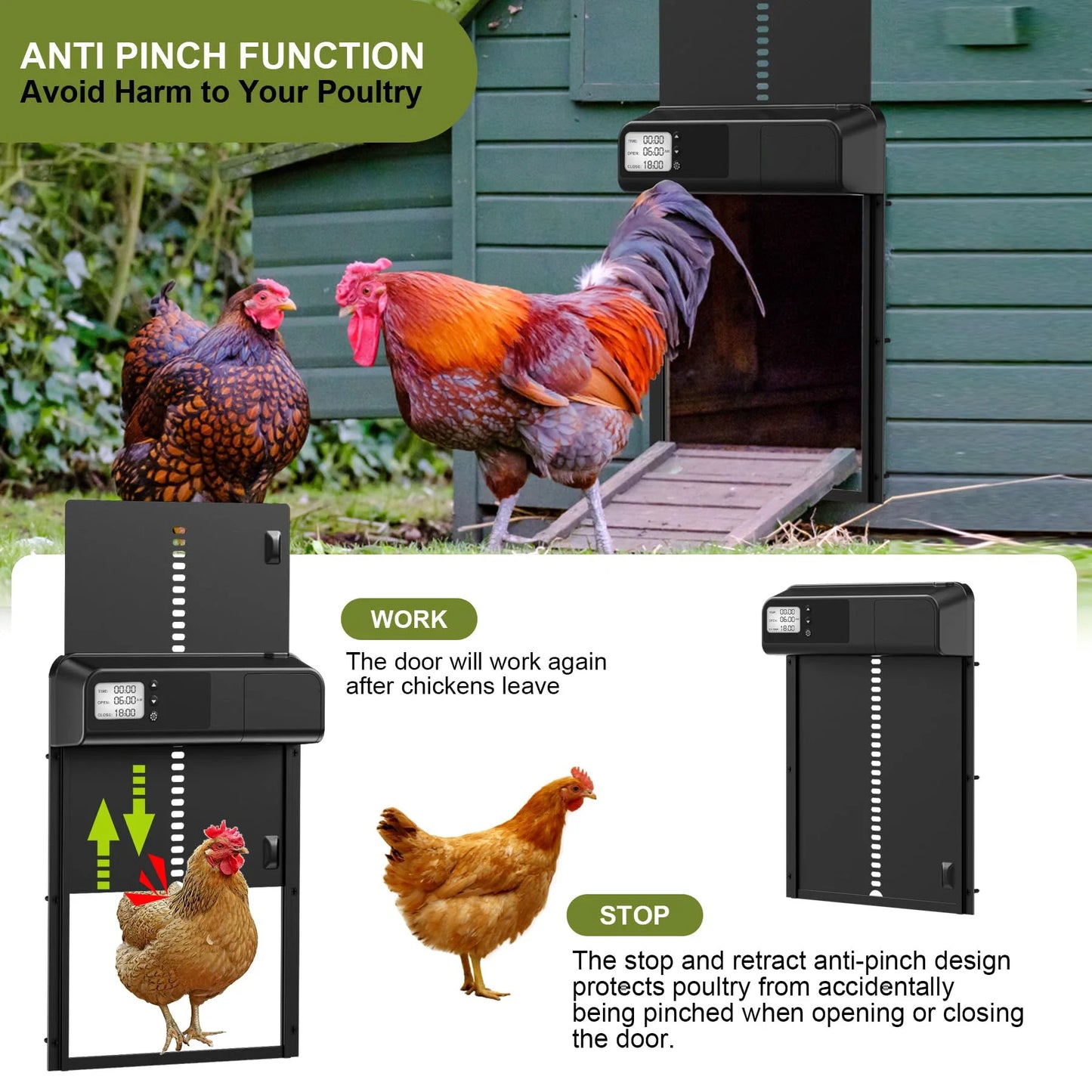 Automatic Chicken Coop Door Aluminum Chicken Door Opener Timer Controlled Open/Close Coop Door Anti-Pinch Function Chicken Coop