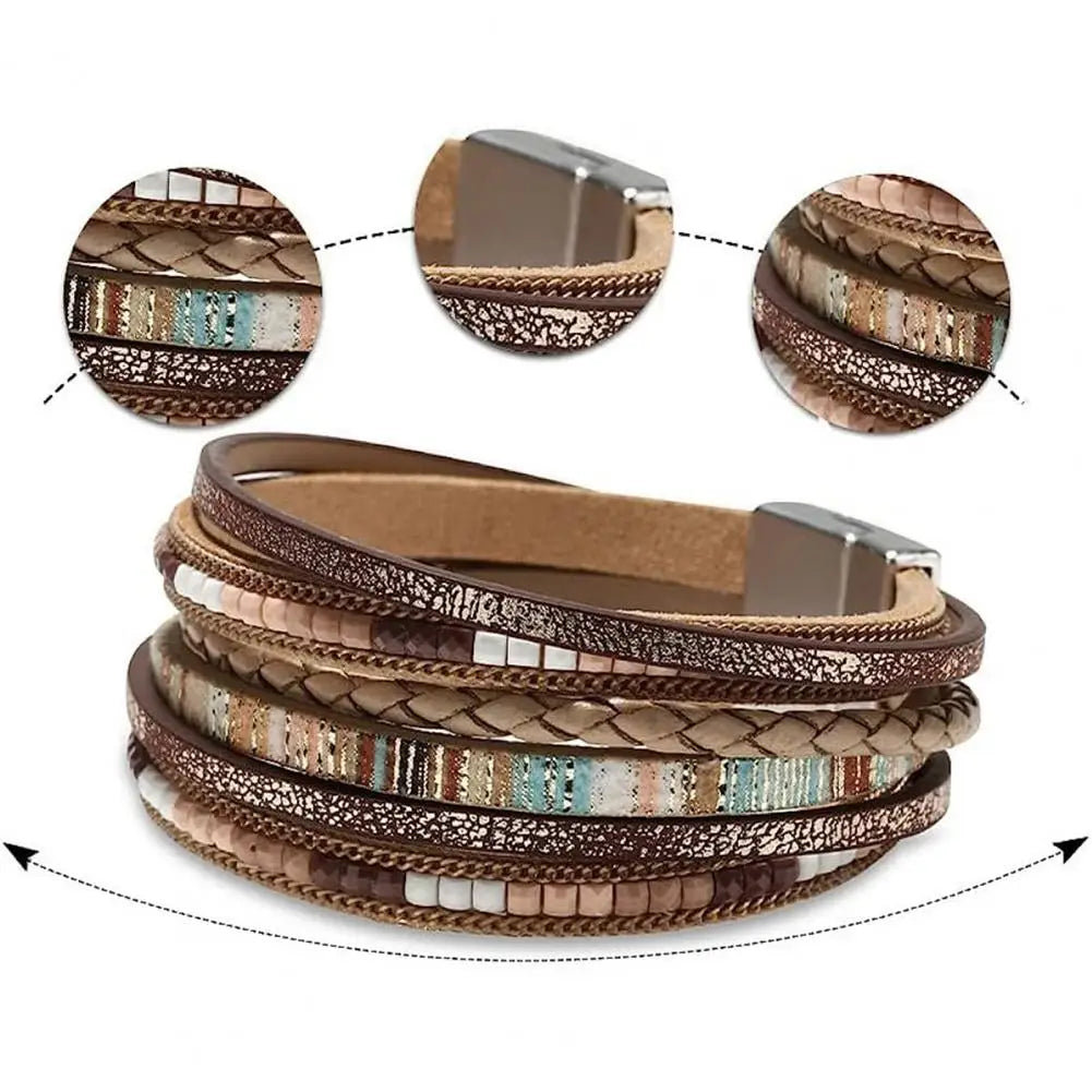 Women Bracelet Boho Style Multi-layer Women's Faux Leather Bracelet Handmade