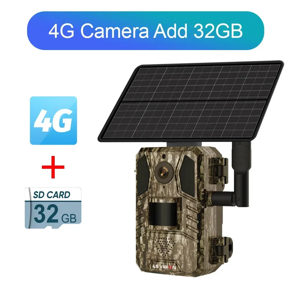 LS VISION Solar Hunting Trail Camera 14MP 4G SIM Card IP66 Waterproof 20M PIR Motion Detection Wildlife Camera IR Night Vision