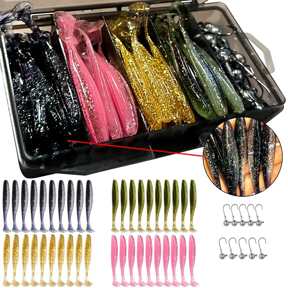 50PCS/Box Metal Jig Bait 5.5cm 7cm 10cm Soft Lure 3g 5g 7g 10g 14g Jigging Head Hook Fishing Box