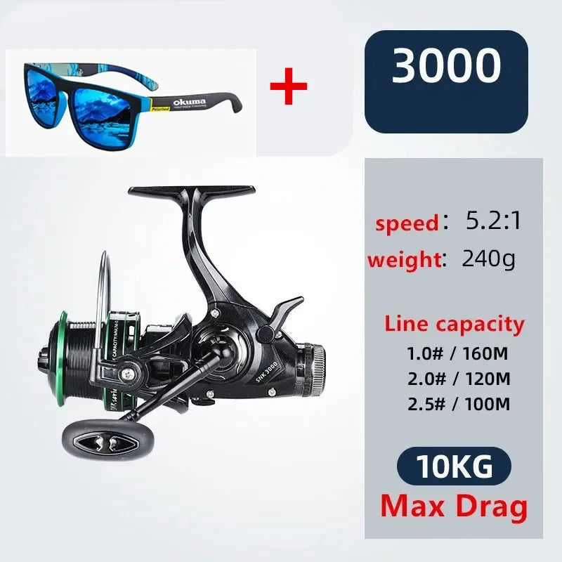 OKUMA Dual Brake Fishing Reel 20Max Drag Speed Ratio 5.2:1/14+1BB All Metal Wire Cup Spinning Wheel 3000-6000