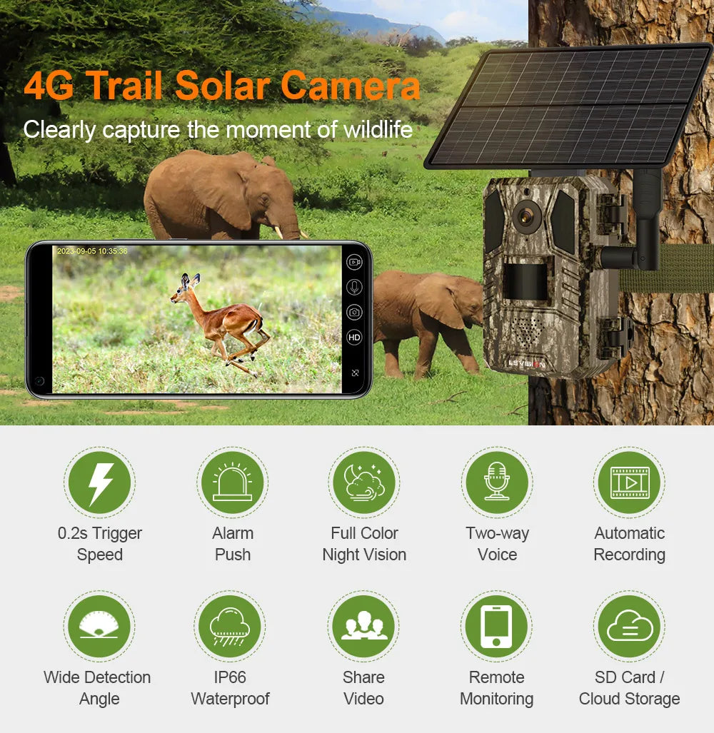 LS VISION Solar Hunting Trail Camera 14MP 4G SIM Card IP66 Waterproof 20M PIR Motion Detection Wildlife Camera IR Night Vision