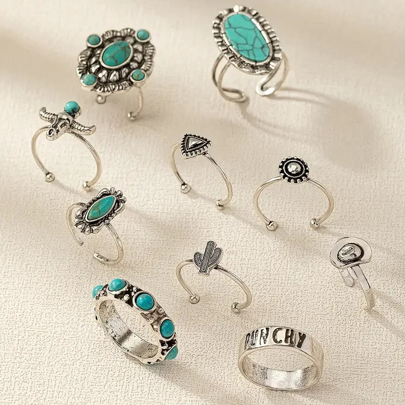 10pcs Western Turquoise Bull Head Dress Rings