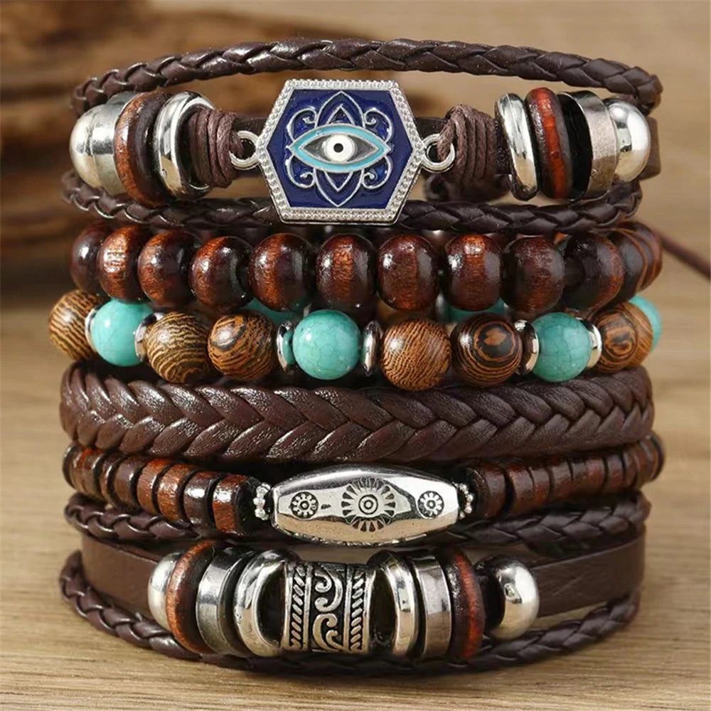 Feather Boho 5-6pc/set wood bead tree Charms bracelets