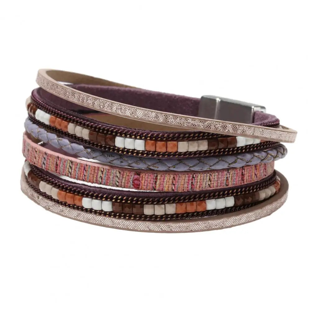 Women Bracelet Boho Style Multi-layer Women's Faux Leather Bracelet Handmade