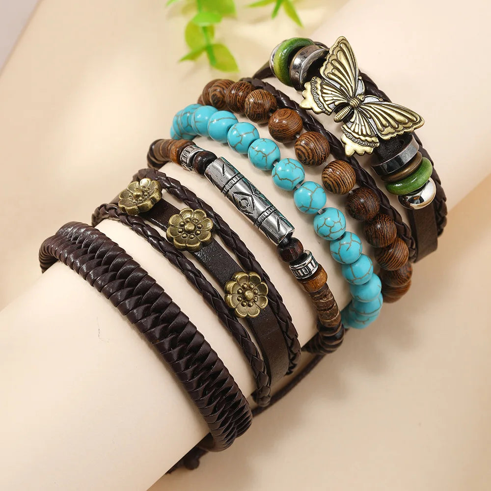 Feather Boho 5-6pc/set wood bead tree Charms bracelets