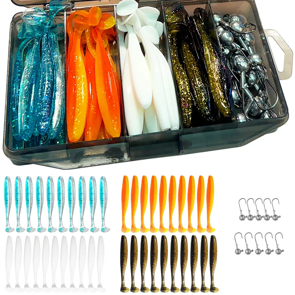 50PCS/Box Metal Jig Bait 5.5cm 7cm 10cm Soft Lure 3g 5g 7g 10g 14g Jigging Head Hook Fishing Box