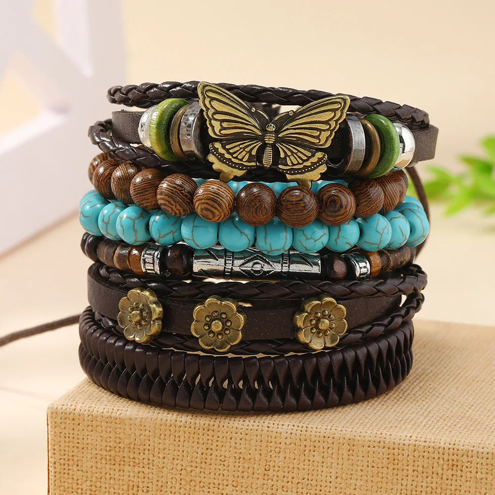 Feather Boho 5-6pc/set wood bead tree Charms bracelets