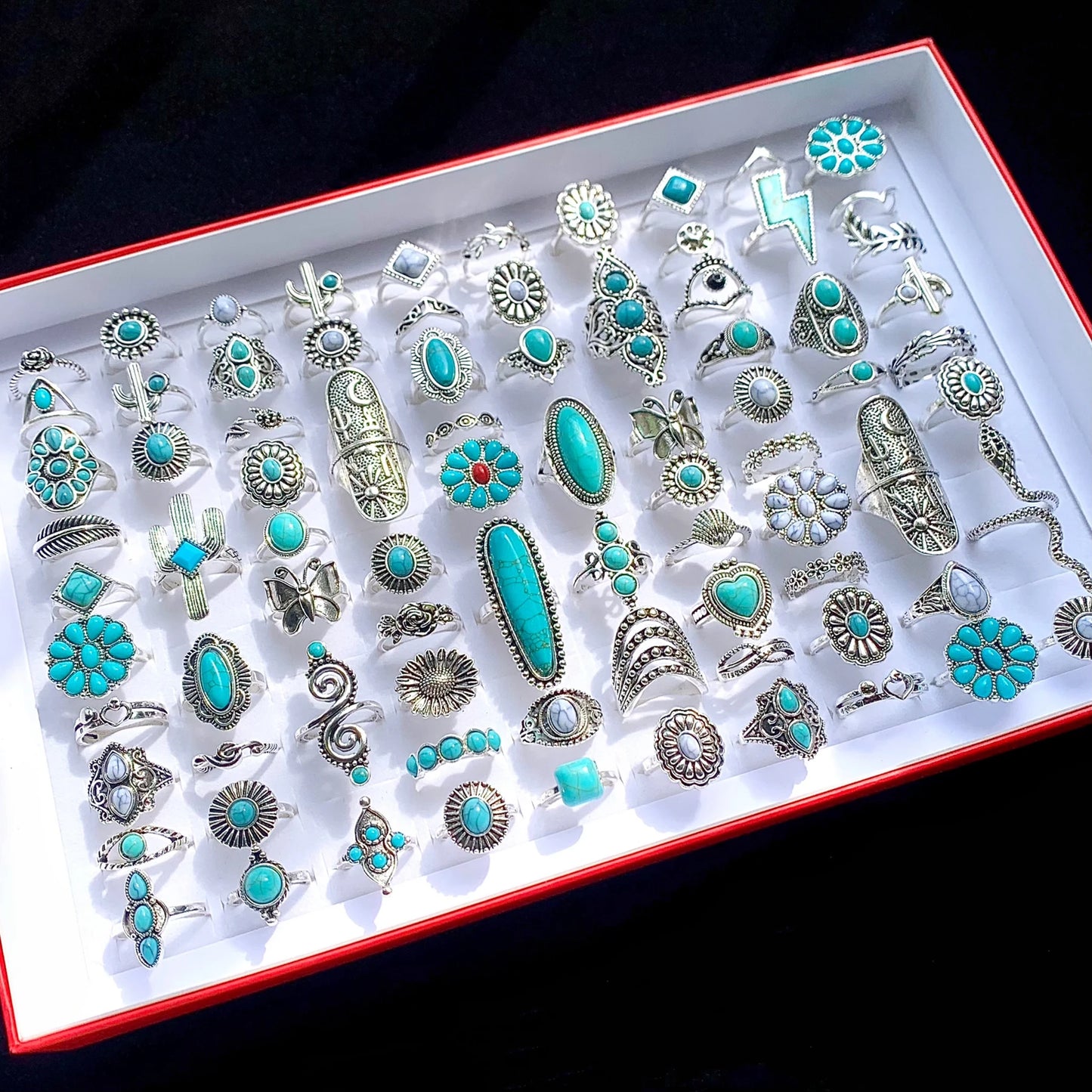 12pcs Antique Silver Plated Turquoise Bohemia Vintage Rings