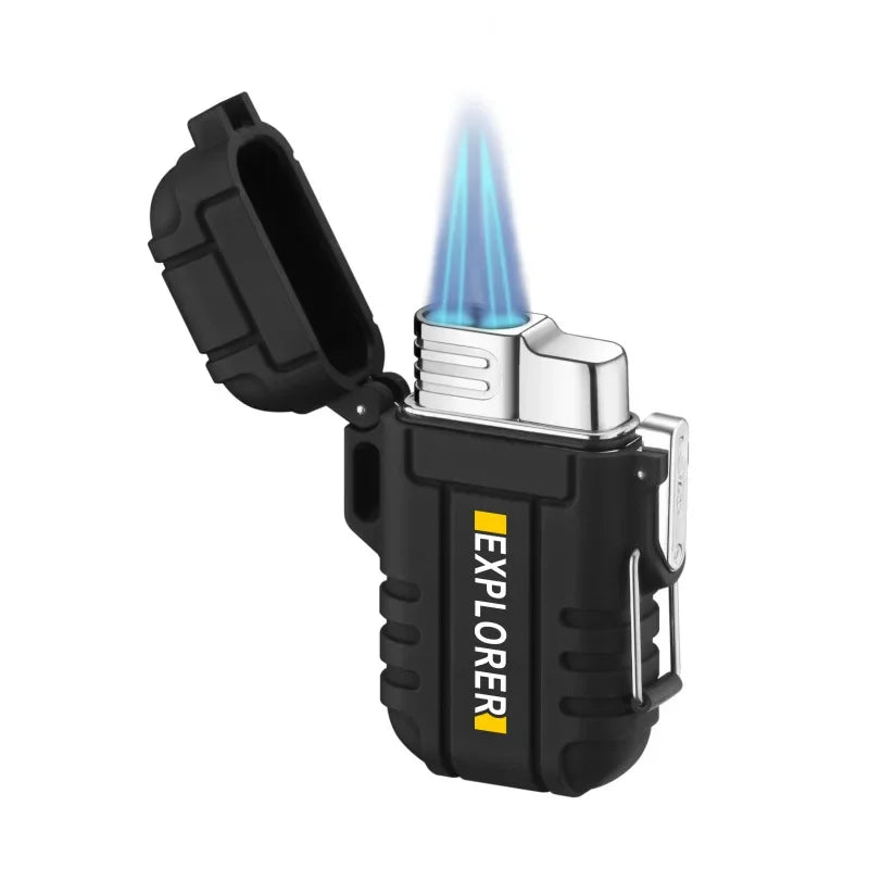 Outdoor Waterproof Lighter with Lanyard Portable Blue Flame Jet Lighter Butane