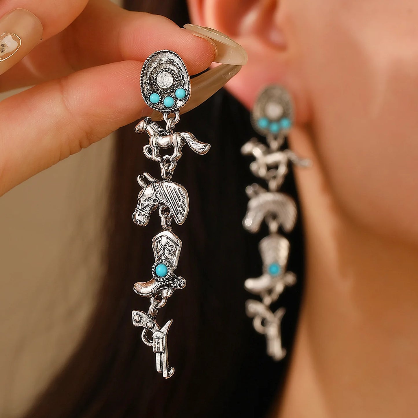 Vintage Bohemia Turquoise Cowboy Hat Boots Horse Earrings For Women