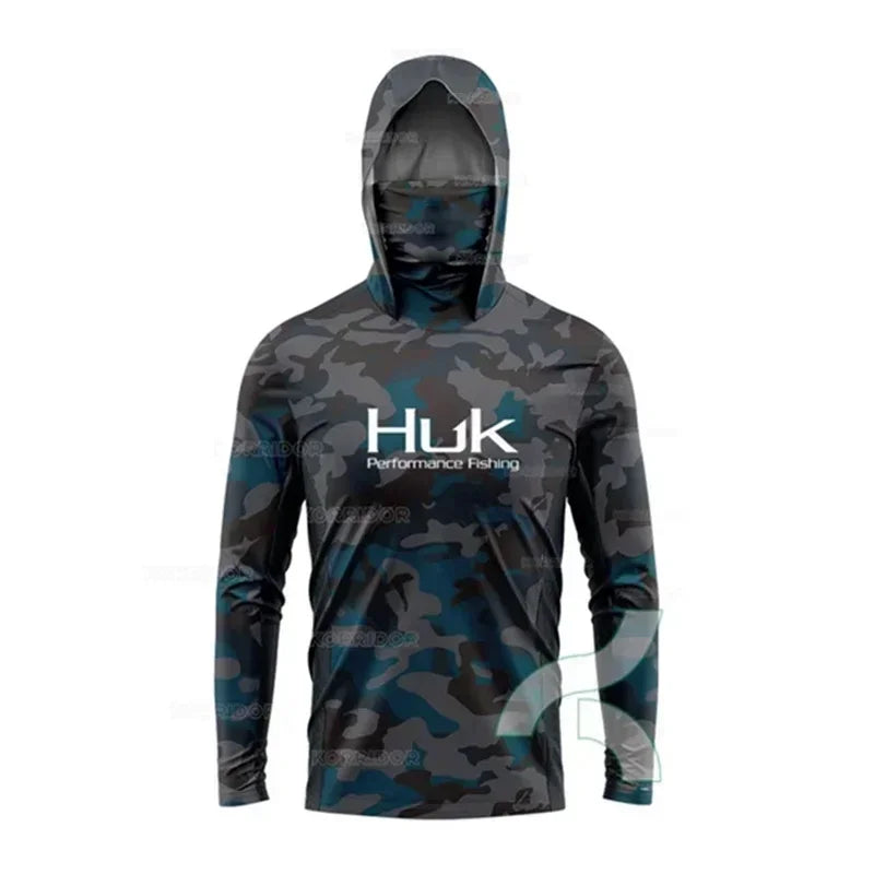 HUK Long Sleeve Anti-UV Fishing Hooded Shirts With Face Mask UPF 50+