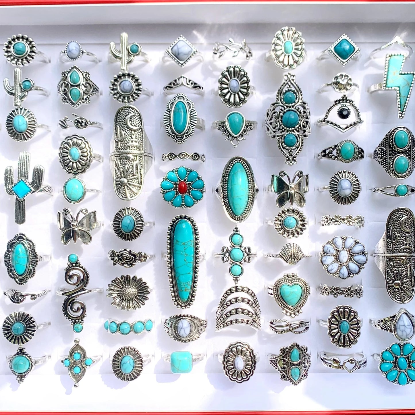 12pcs Antique Silver Plated Turquoise Bohemia Vintage Rings
