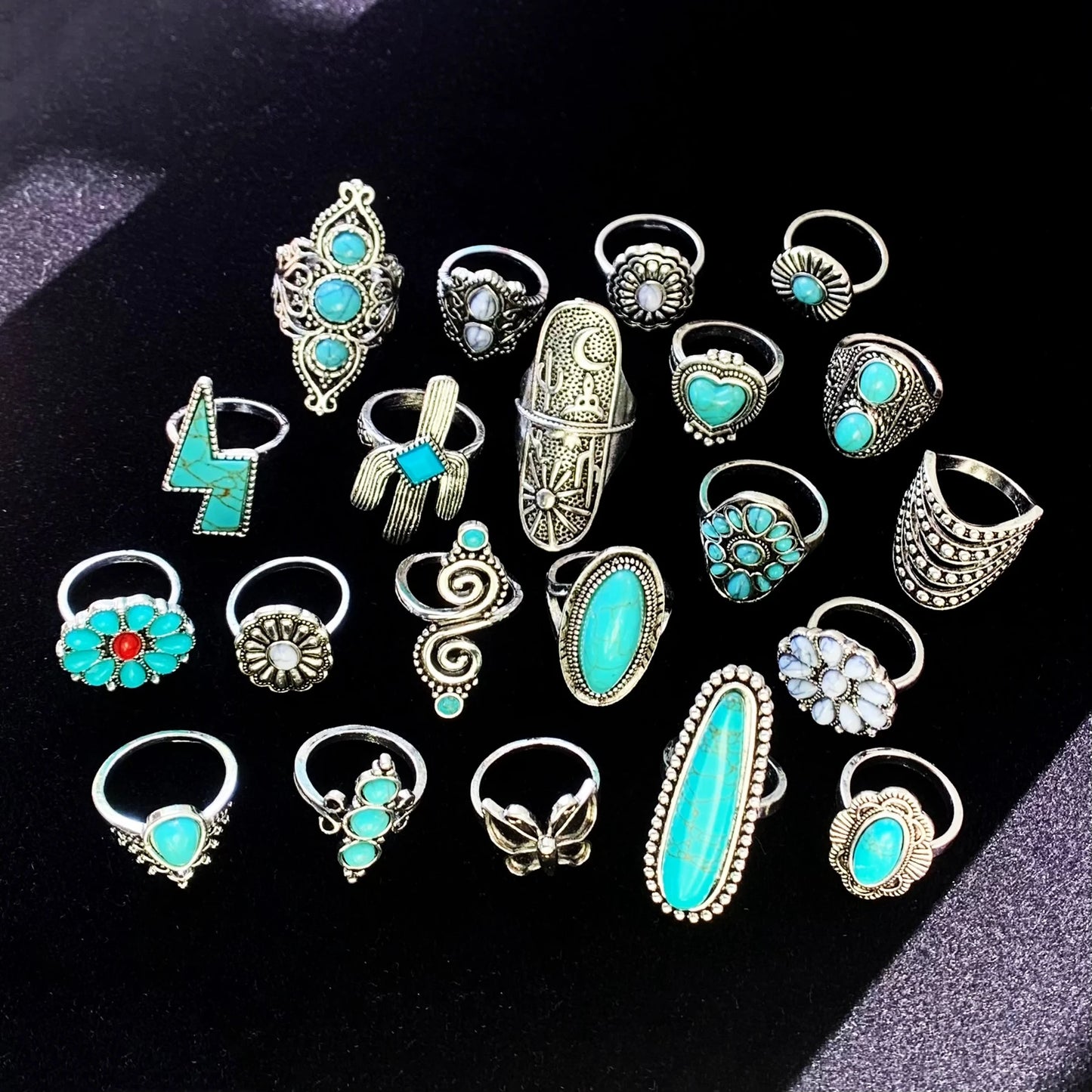 12pcs Antique Silver Plated Turquoise Bohemia Vintage Rings