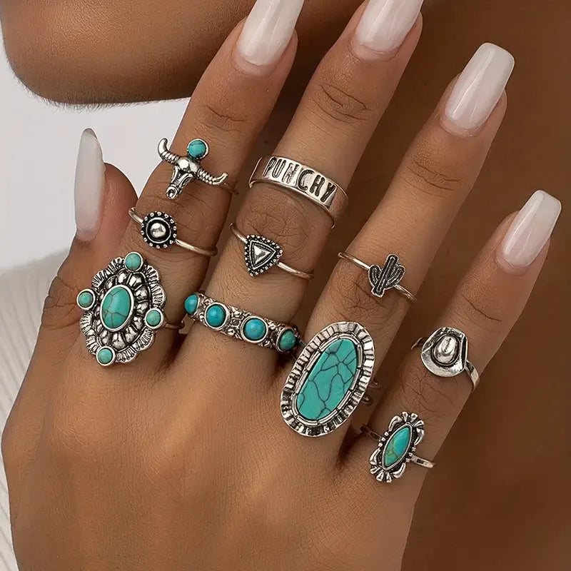 10pcs Western Turquoise Bull Head Dress Rings