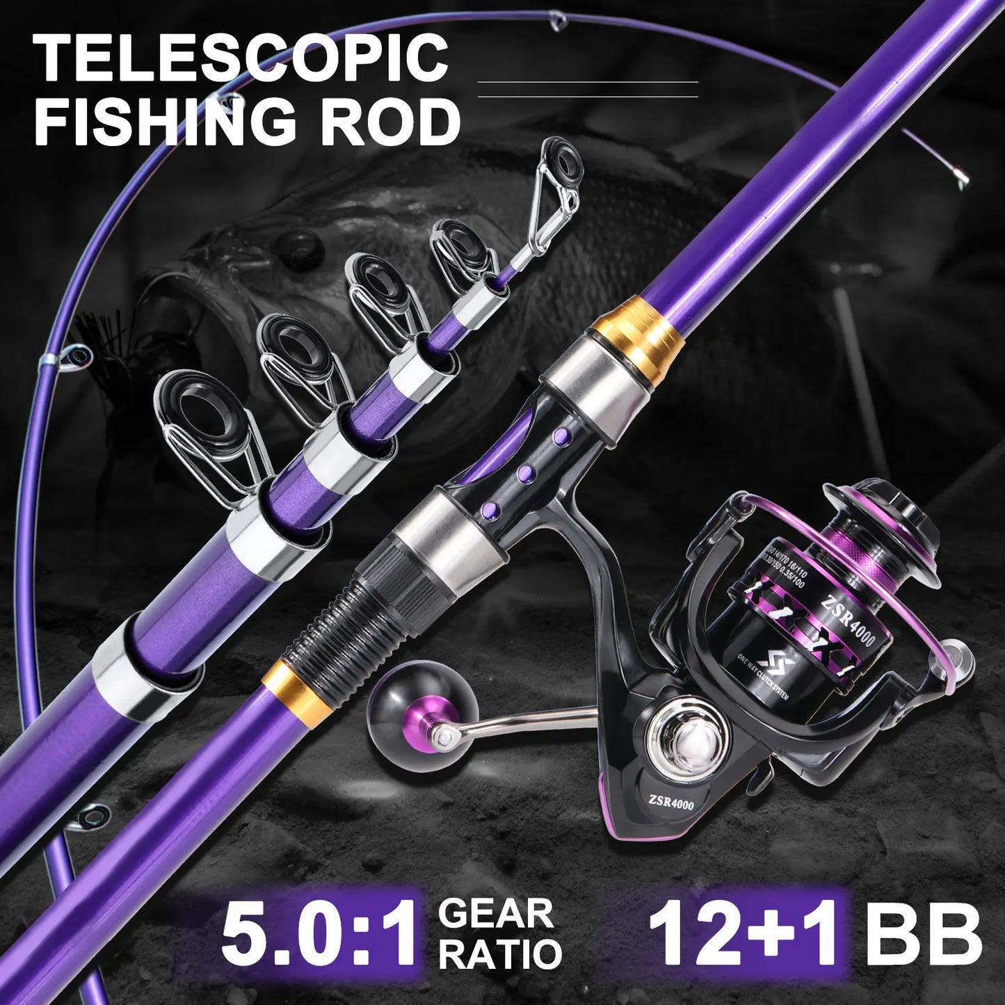 Soukayilang Purple Fishing Rod Combo Telescopic Fishing Rod and Spinning Reel