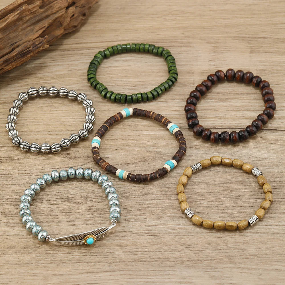 Feather Boho 5-6pc/set wood bead tree Charms bracelets