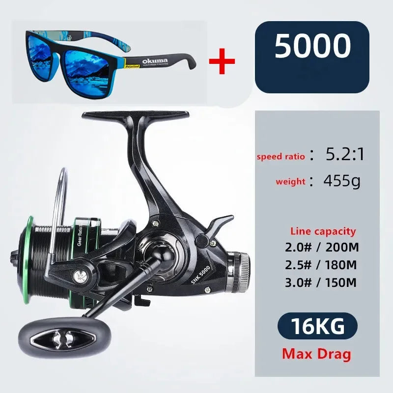 OKUMA Dual Brake Fishing Reel 20Max Drag Speed Ratio 5.2:1/14+1BB All Metal Wire Cup Spinning Wheel 3000-6000