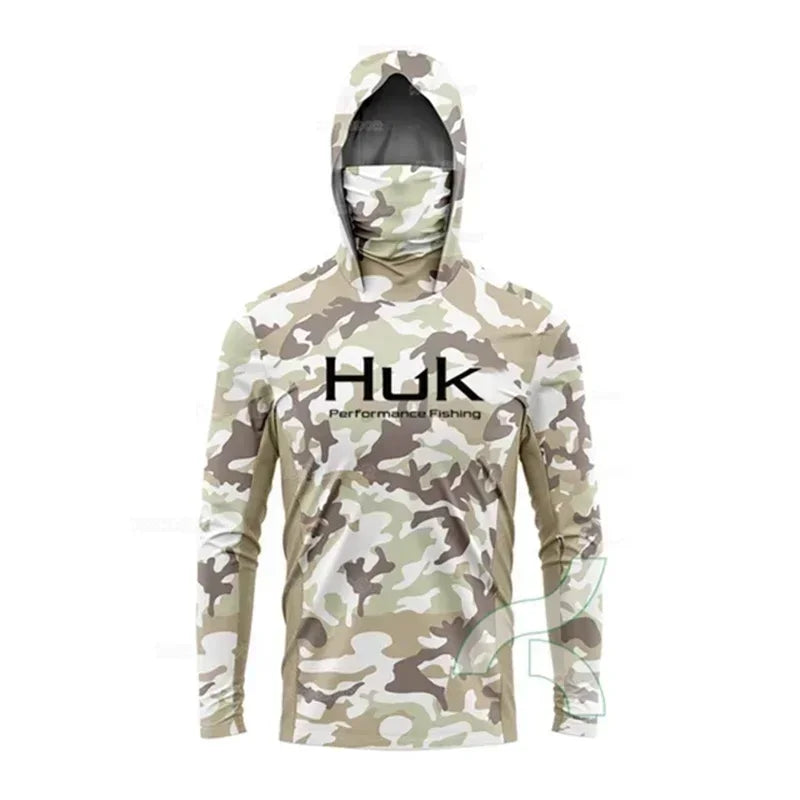 HUK Long Sleeve Anti-UV Fishing Hooded Shirts With Face Mask UPF 50+